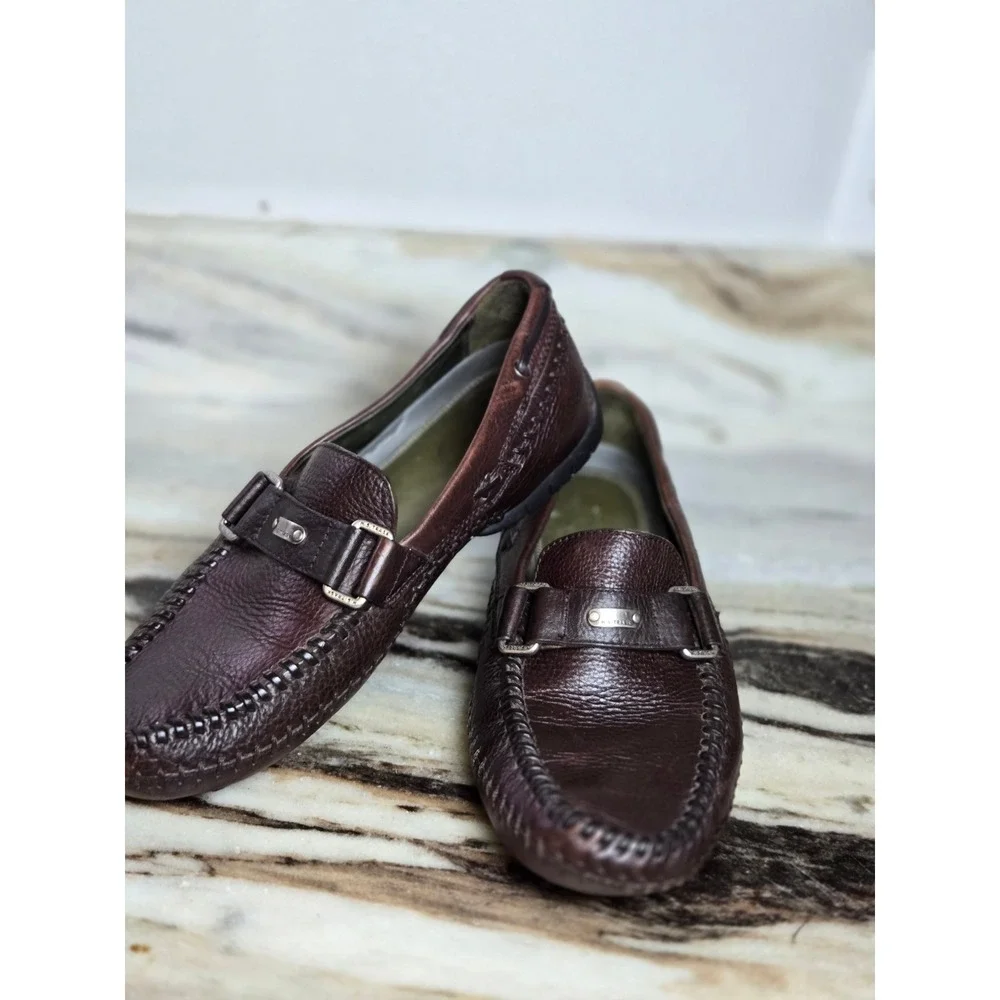 HS‎ Trask Mens Brown Leather Driving Loafers Whipstitch Moc Toe Slip 10.5 M